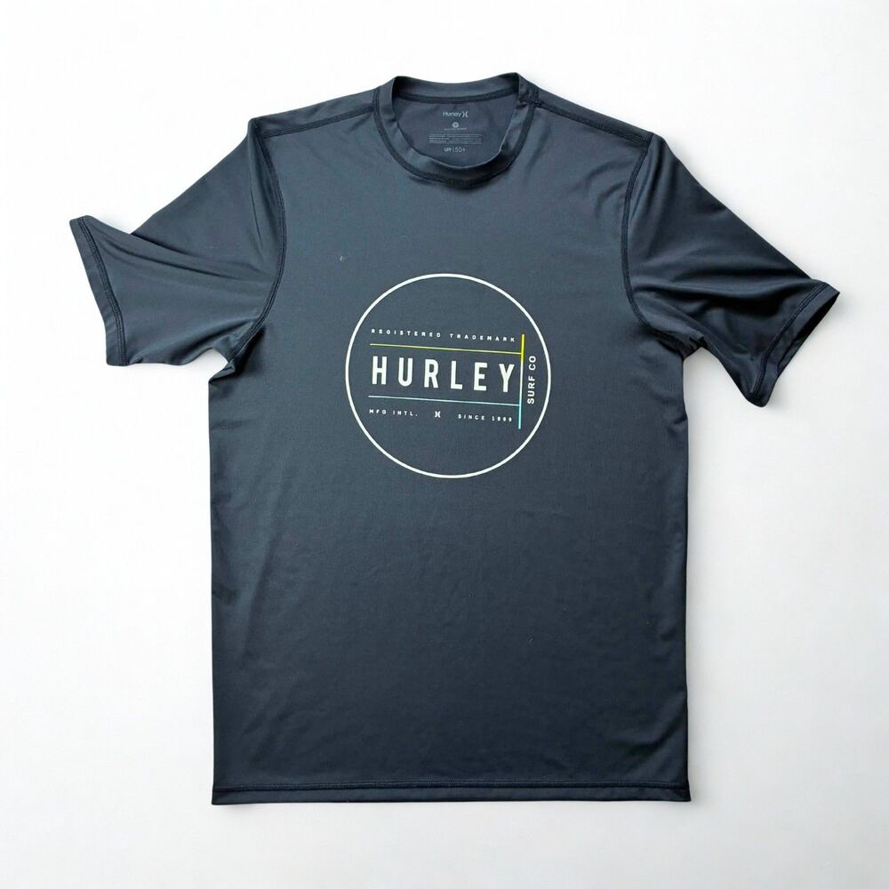 Hurley Rash Guard Mens Small Black UPF 50+ Surf Swim Shirt Short Sleeve Logo